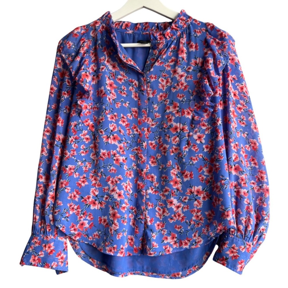 Ann Taylor Petite Blue Pink Floral Ruffle Collar Button Front Blouse SP